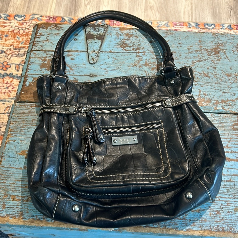 Tignanello Large Croc Embossed Black Leather Purse
